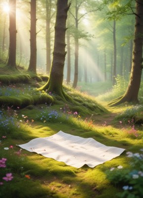 Cozy picnic setup amid a serene forest landscape