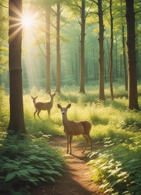 Gentle deer wander through a sunlit forest path