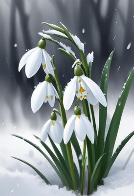 Snowdrops emerge through the winter snow in a peaceful grove