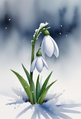 Snowdrop flowers bloom through winter snow