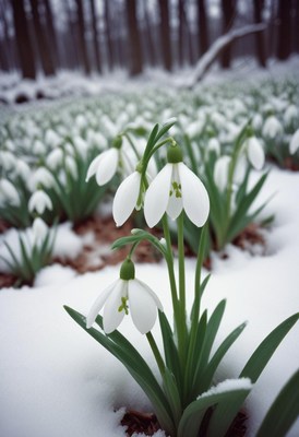 Snowdrop flowers blooming in a winter forest setting