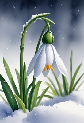 Snowdrop blooms in snow during early spring