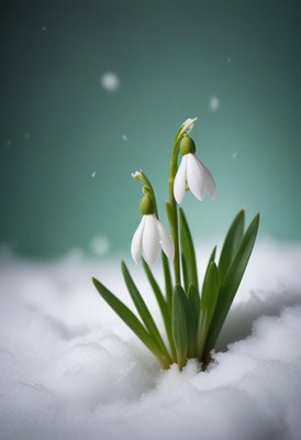 Snowdrops bloom through fresh snowfall in winter