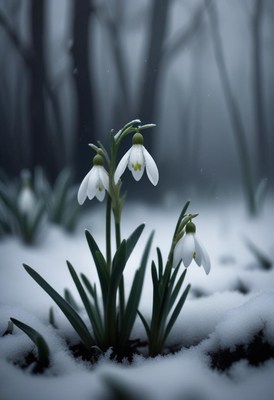 Snowdrops bloom in quiet winter forest atmosphere