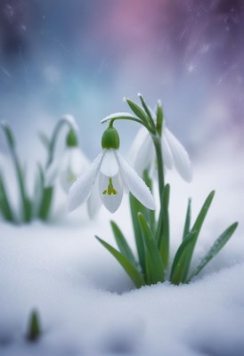 Snowdrop flowers emerging through winter snow