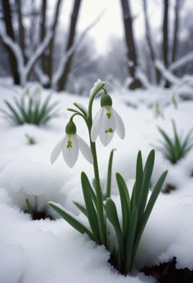 Snowdrops bloom in winter snow-covered forest