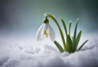 Snowdrop flower blooming in snowy landscape during winter