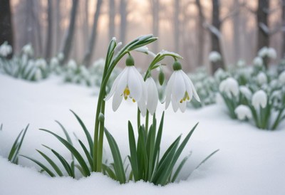 Snowdrops bloom in a serene winter forest setting