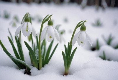 Snowdrops bloom through the winter snow in early spring