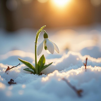 Snowdrop flower emerging through winter snow at sunset