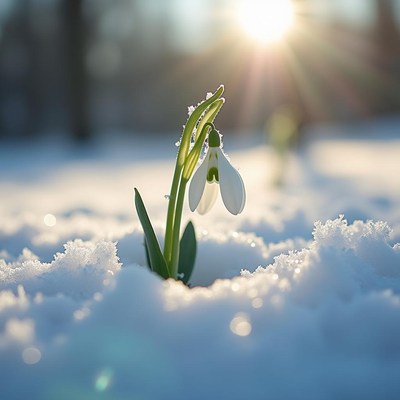 Snowdrop flower emerging through the winter snow