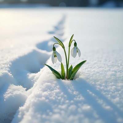 Snowdrop flowers emerging through winter snow
