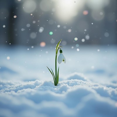 Snowdrop flower emerging through winter snow