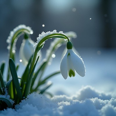 Snowdrops blooming amid winter snowflakes in the garden
