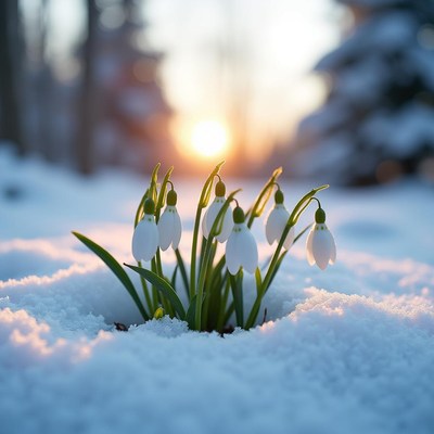 Snowdrops blooming at sunset in wintery landscape