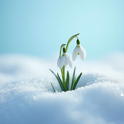 Snowdrops bloom in winter snow under a clear sky