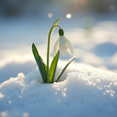 Snowdrop flower blooming in winter snow landscape