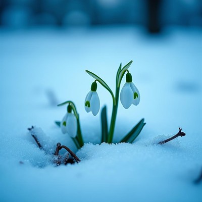 Snowdrops emerging from snow in early spring light