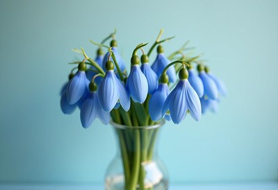 Fresh snowdrop flowers in a vase against a blue background