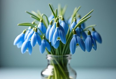 Elegant blue snowdrop flowers in a glass vase