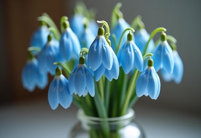 Blue snowdrop flowers arranged in a glass vase