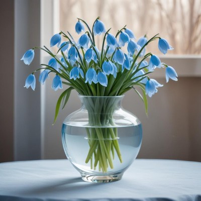 Bright blue flowers in a glass vase on a table