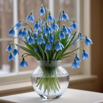 Beautiful blue snowdrop flowers in clear vase indoors