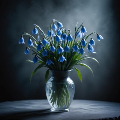 Blue spring flowers in a glass vase illuminated softly