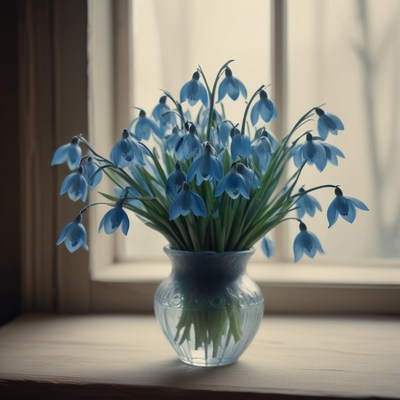 Vibrant blue snowdrop flowers in a sunny window