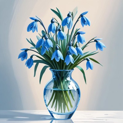 Beautiful blue snowdrop flowers in a clear vase