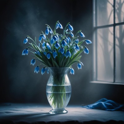 Beautiful blue snowdrop flowers in a glass vase