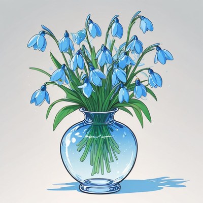 Blue snowdrop flowers in a clear glass vase