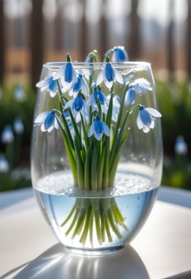 Beautiful snowdrop flowers in a clear glass vase