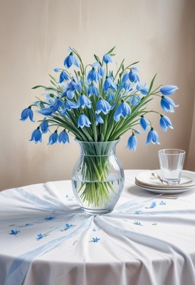 Beautiful blue flowers arranged in a glass vase on a table