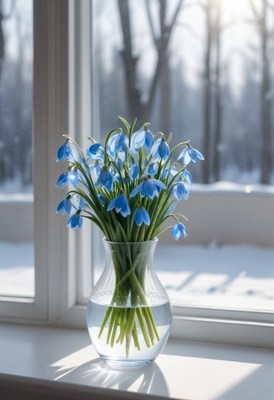 Beautiful blue flowers in vase by winter window