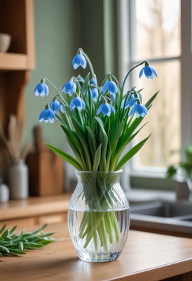 Blue snowdrop flowers in a glass vase on a wooden table