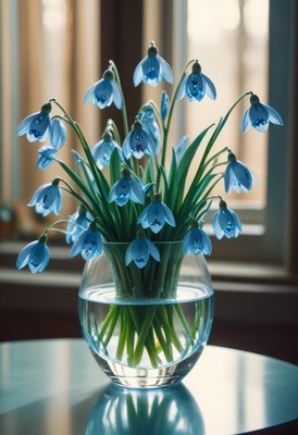 Beautiful blue snowdrop flowers in a glass vase