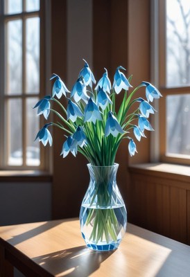 Vibrant blue snowdrop flowers in a sunny room