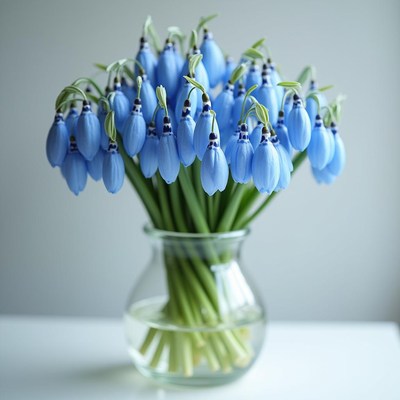 Blooming blue flowers in clear glass vase on table