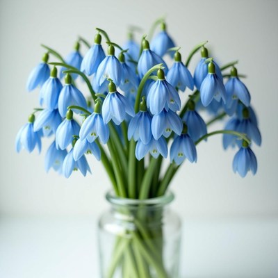 Blue snowdrop flowers arranged in a clear glass vase