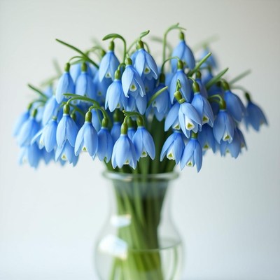 Snowdrop flowers arranged in a clear vase on a table