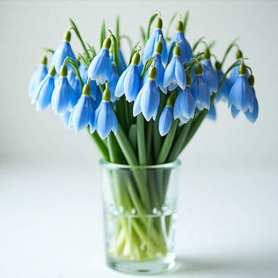 Beautiful blue snowdrop flowers in a clear glass vase