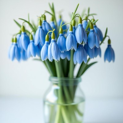Beautiful blue flowers in a glass vase on a plain background
