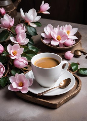 Charming coffee arrangement with pink flowers and a spoon