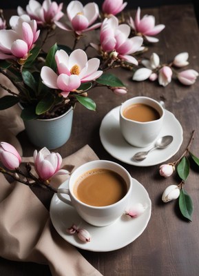 Coffee cups beside blooming magnolia blossoms on a table