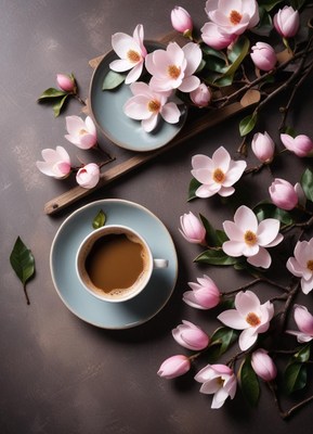 Coffee and delicate flowers arranged on a table