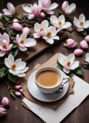 Coffee cup surrounded by magnolia flowers on a table