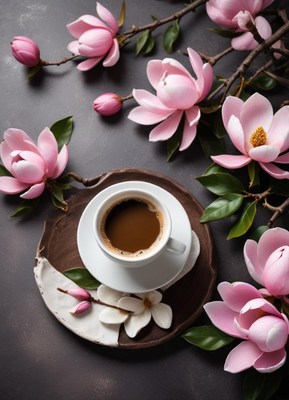 Coffee surrounded by blooming magnolia flowers