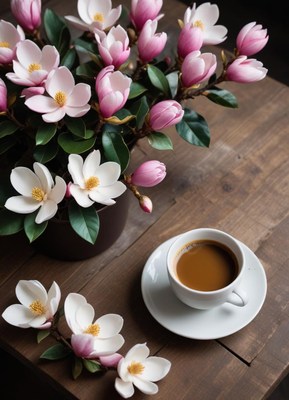 Coffee cup beside blooming flowers on a wooden table