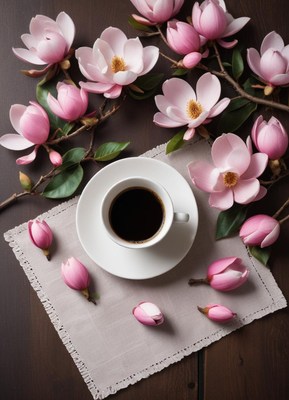 Morning coffee with pink magnolia blossoms on table